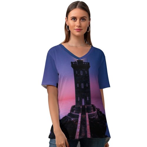 yanfind V Neck T-shirt for Women Sagar Subbaiah Lighthouse Moon Sunset Evening Summer Top  Short Sleeve Casual Loose