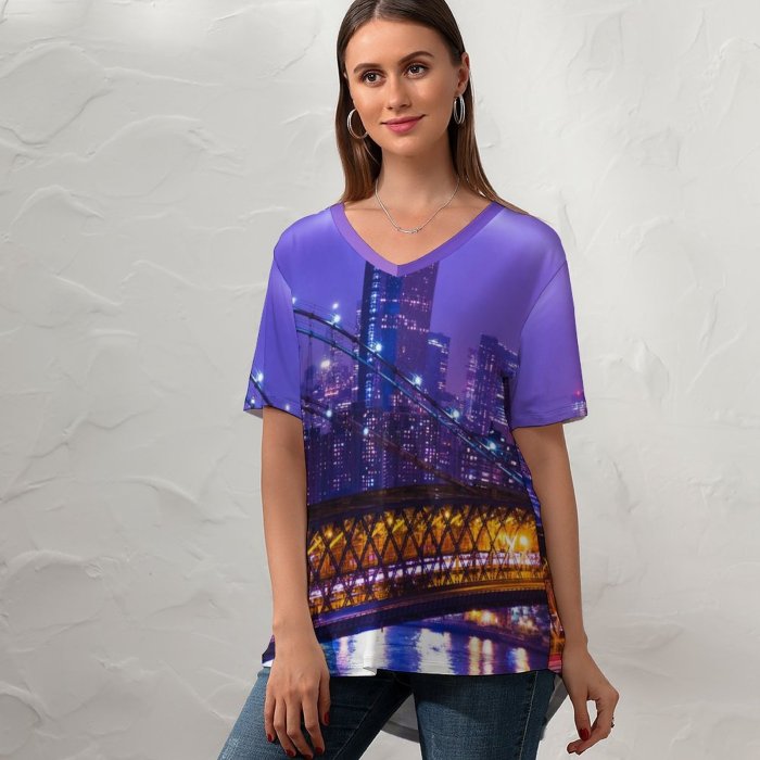 yanfind V Neck T-shirt for Women Zac Ong York City Night Cityscape Purple City Lights Suspension Bridge Buildings Summer Top  Short Sleeve Casual Loose