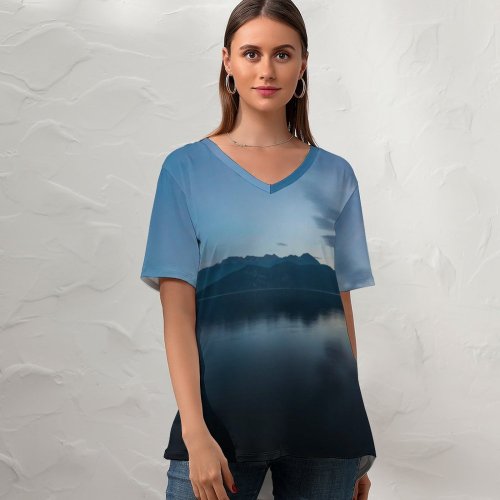 yanfind V Neck T-shirt for Women Olivier Miche Landscape Morning Dawn Tranquility Scenery Mountains River Switzerland Summer Top  Short Sleeve Casual Loose