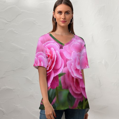 yanfind V Neck T-shirt for Women Poznań Geranium Petals Rose Spring Petal Peony Wallpapers Plant Polska Garden Summer Top  Short Sleeve Casual Loose