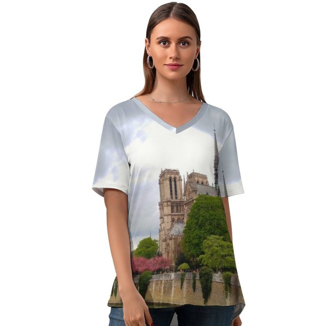 yanfind V Neck T-shirt for Women Castle Ditch Archbishopric Building Paris L'archevêché Canal Wallpapers Boat Moat De Summer Top  Short Sleeve Casual Loose