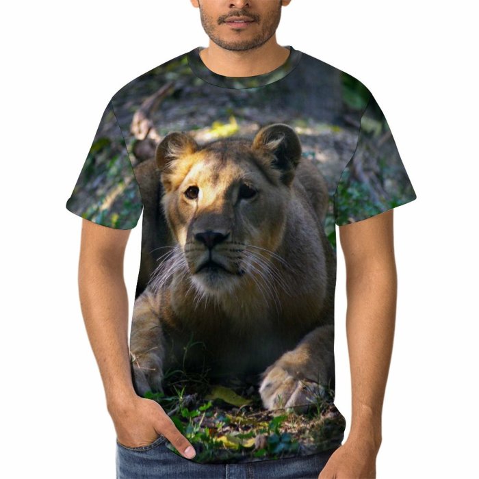 yanfind Adult Full Print T-shirts (men And Women) Grass Park Fur Lion Cat Wild Hunter Jungle Safari Wildlife