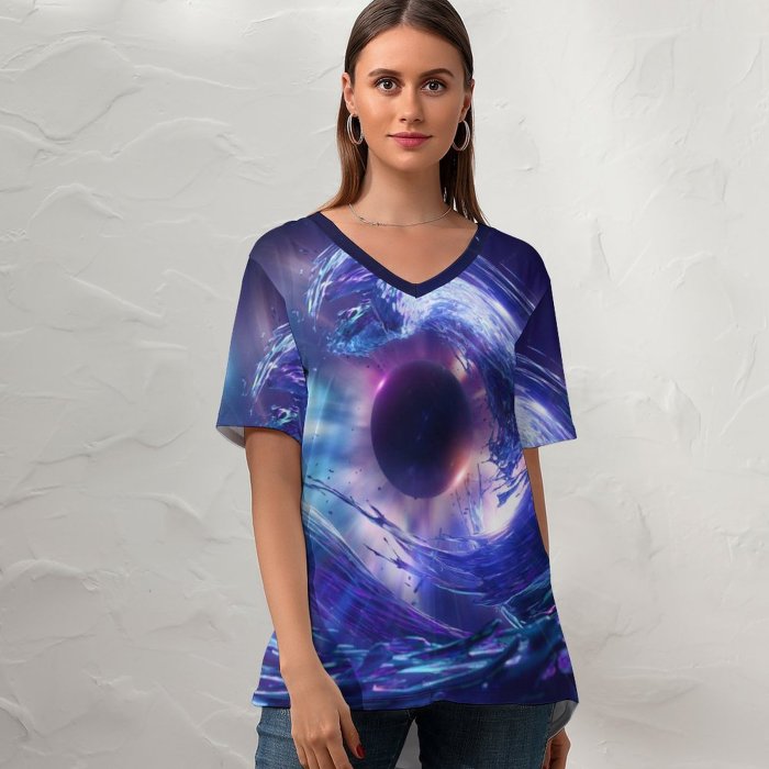 yanfind V Neck T-shirt for Women Stu Ballinger Abstract Space Sun CGI Nebula Space Phenomena Summer Top  Short Sleeve Casual Loose