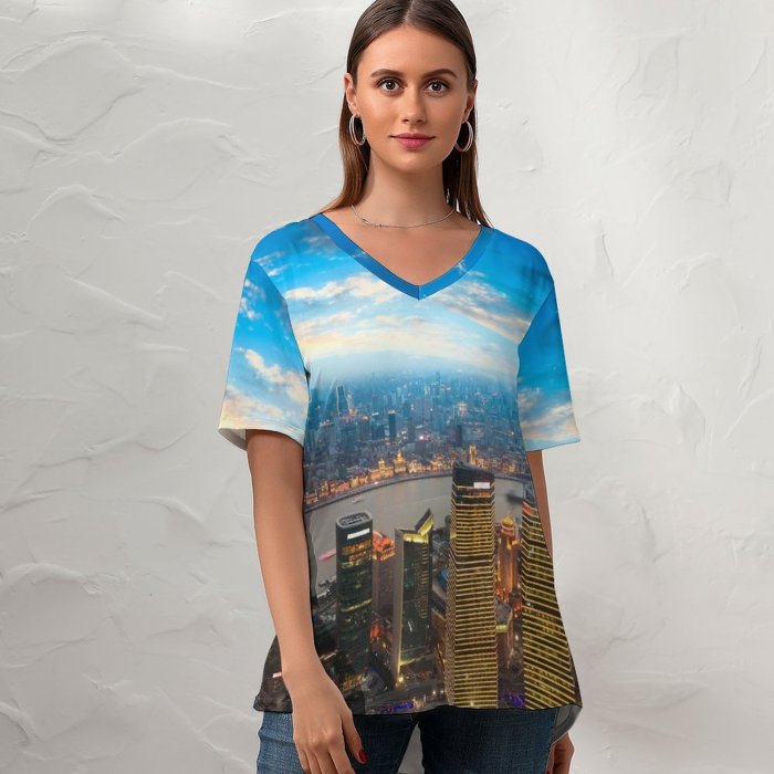 yanfind V Neck T-shirt for Women Shanghai City China Aerial Cityscape Sunset Skyscrapers High Rise Building Oriental Pearl Summer Top  Short Sleeve Casual Loose