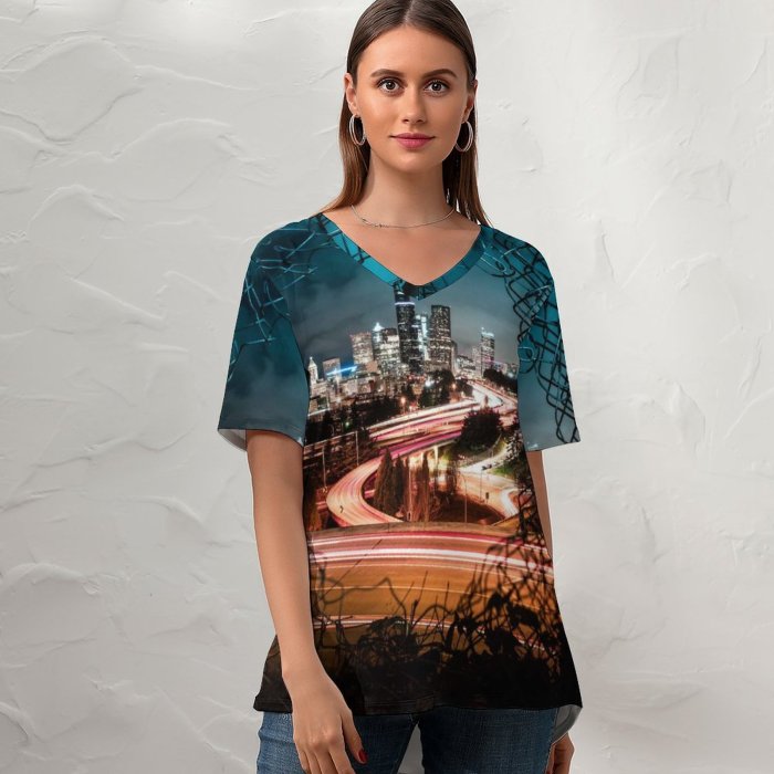 yanfind V Neck T-shirt for Women Sonny Mauricio Seattle City Cityscape City Lights Fence Night Time Light Trails Summer Top  Short Sleeve Casual Loose