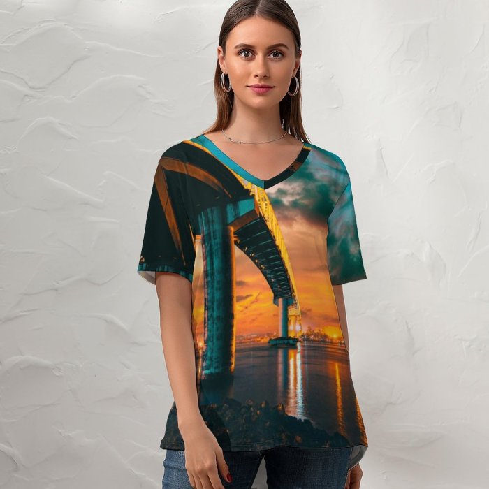 yanfind V Neck T-shirt for Women Sergio Osmeña Bridge Philippines Mactan–Mandaue Bridge Sunset City Lights Dusk Reflection Cloudy Summer Top  Short Sleeve Casual Loose