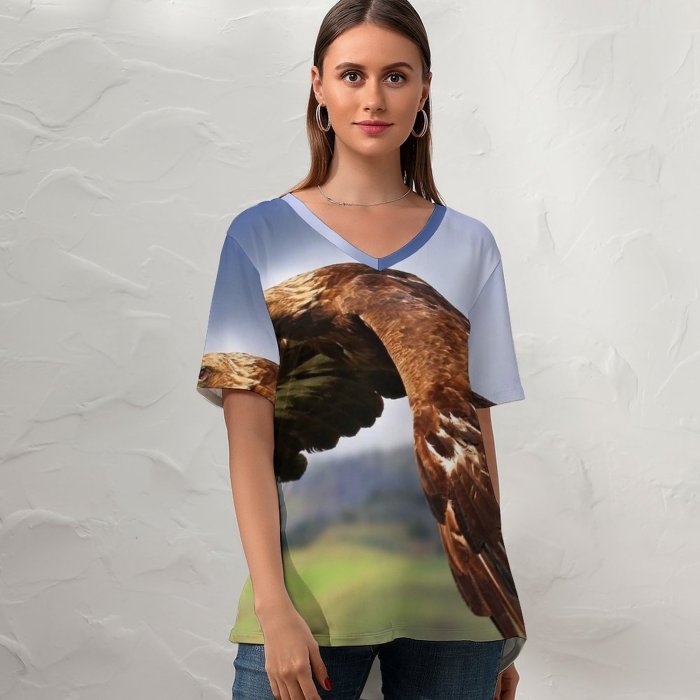 yanfind V Neck T-shirt for Women Raptor Birds Prey Birds Flying Mid Air Blur Summer Top  Short Sleeve Casual Loose