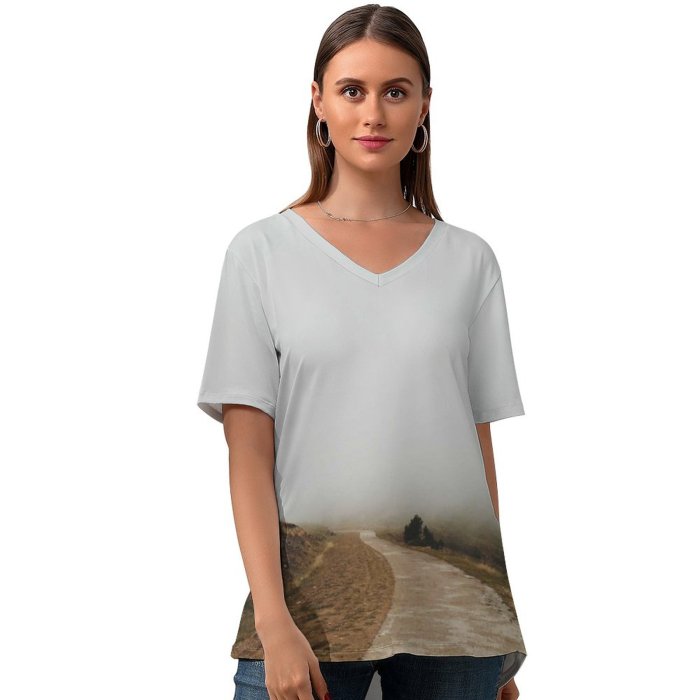 yanfind V Neck T-shirt for Women Turó Del Path Fog Muddy Spain Trail Mist Landscape Hilly Barcelona Summer Top  Short Sleeve Casual Loose