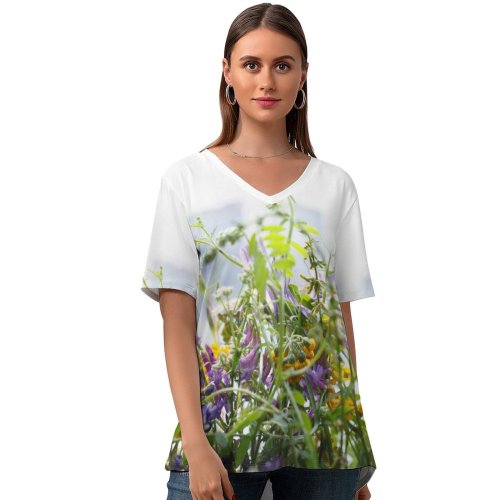 yanfind V Neck T-shirt for Women Floral Vines Flora Spring Wildflowers California Flowers Aster Wallpapers Mimosa Plant Summer Top  Short Sleeve Casual Loose