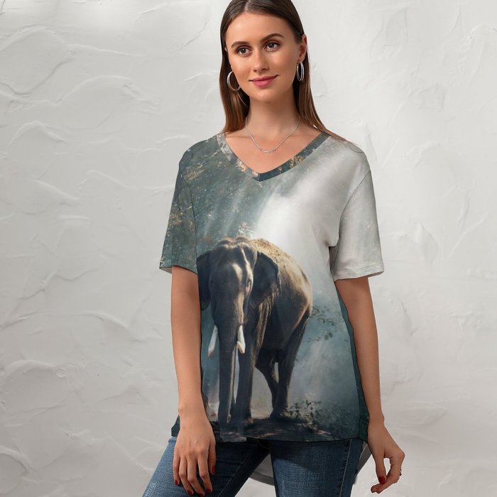 yanfind V Neck T-shirt for Women Sasin Tipchai Elephant Forest Daylight Woods Summer Top  Short Sleeve Casual Loose
