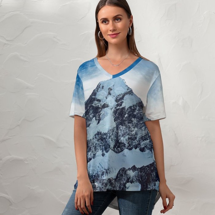 yanfind V Neck T-shirt for Women Oliver Buettner Mount Cook Peak Snow Covered Mountains Zealand Summer Top  Short Sleeve Casual Loose