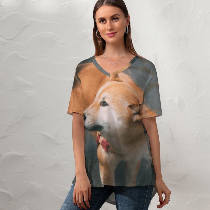 yanfind V Neck T-shirt for Women Lovely Pet HQ Mood Wallpapers Pup Shiba Pictures Moody Strap Flagstone Summer Top  Short Sleeve Casual Loose