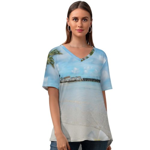 yanfind V Neck T-shirt for Women Shoreline Ocean Land Wallpapers Sea Beach Plant Tropical Outdoors Summer Pictures Summer Top  Short Sleeve Casual Loose