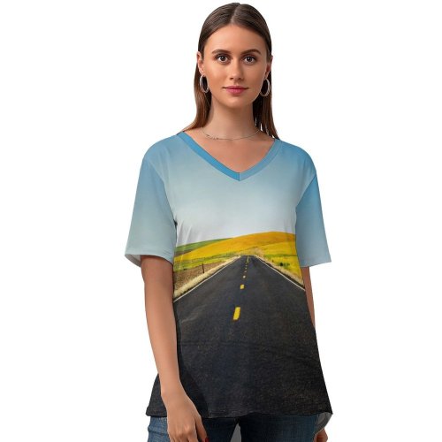 yanfind V Neck T-shirt for Women Youen California Meadow Country Side USA Landscape Endless Road Clear Sky Scenery Summer Top  Short Sleeve Casual Loose