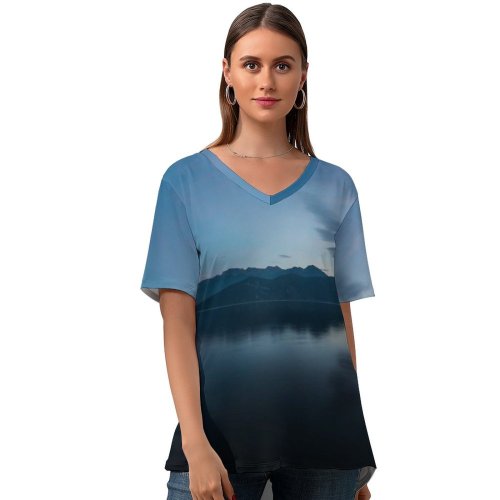 yanfind V Neck T-shirt for Women Olivier Miche Landscape Morning Dawn Tranquility Scenery Mountains River Switzerland Summer Top  Short Sleeve Casual Loose