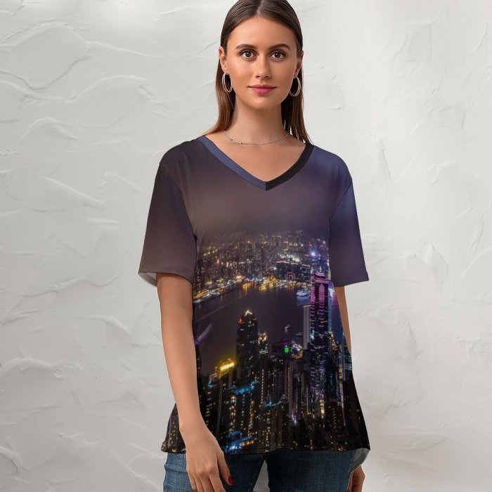 yanfind V Neck T-shirt for Women Peter Y. Chuang Hong Kong City Skyscrapers Night Time Cityscape Aerial City Summer Top  Short Sleeve Casual Loose