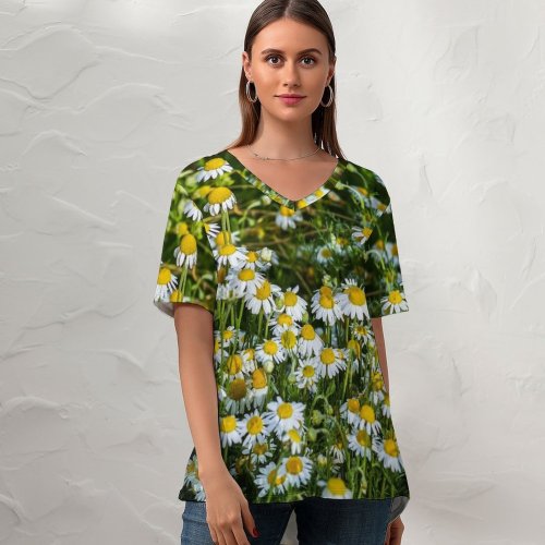 yanfind V Neck T-shirt for Women Москва Chamomile Ogorod Огород» Сад Flowers Aster Ботанический Plant Asteraceae Garden Summer Top  Short Sleeve Casual Loose
