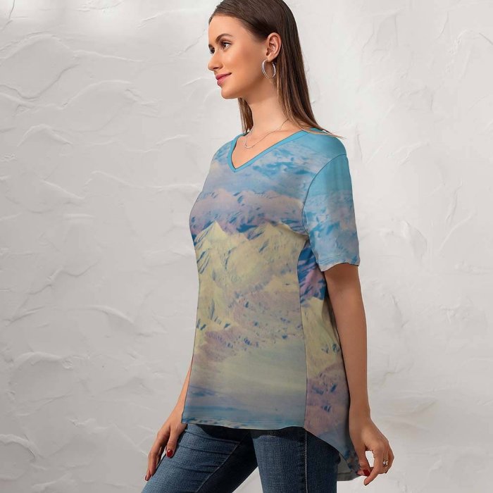 yanfind V Neck T-shirt for Women Landscape Aerial Snow Wallpapers Mountain Outdoors Scenery Tahran Art Pictures İran Summer Top  Short Sleeve Casual Loose