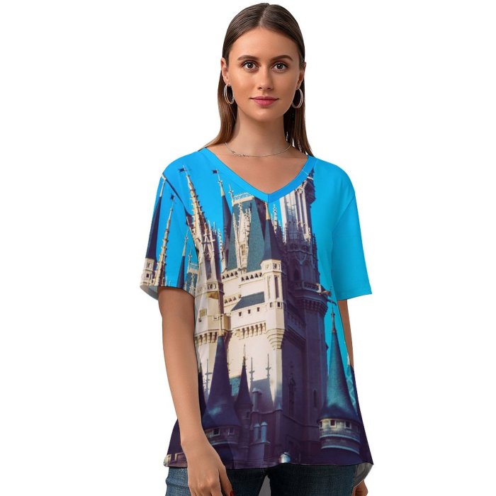 yanfind V Neck T-shirt for Women Castle Buena Wallpapers Mouse Lake Architecture Free States Disney Magic Flag Summer Top  Short Sleeve Casual Loose