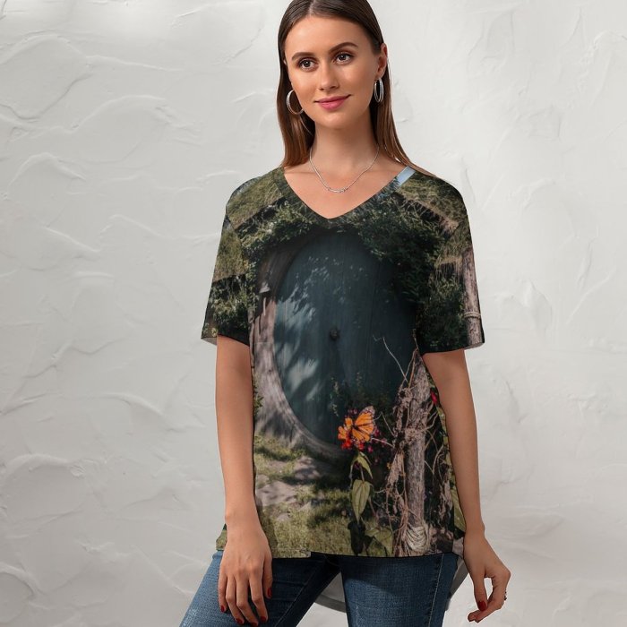 yanfind V Neck T-shirt for Women Hobbiton Door Gourd Flora Hobbit Pottery Potted Quaint Jar Grass Fantasy Summer Top  Short Sleeve Casual Loose