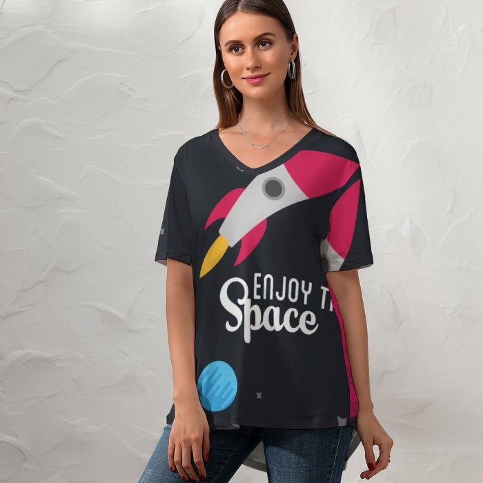 yanfind V Neck T-shirt for Women Space Spacecraft Rocket Planets Stars Summer Top  Short Sleeve Casual Loose