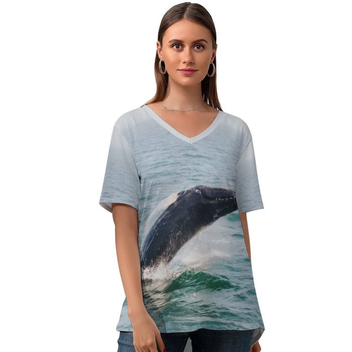 yanfind V Neck T-shirt for Women Open Splash Ocean Life Sea Wallpapers Wildlife Waves Harbor Travel Stock Summer Top  Short Sleeve Casual Loose