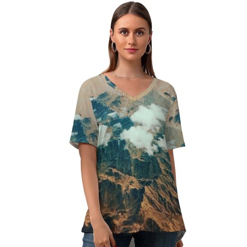 yanfind V Neck T-shirt for Women Land Landscape Aerial Wallpapers Mountain Outdoors Scenery Free Art Pictures Grey Summer Top  Short Sleeve Casual Loose