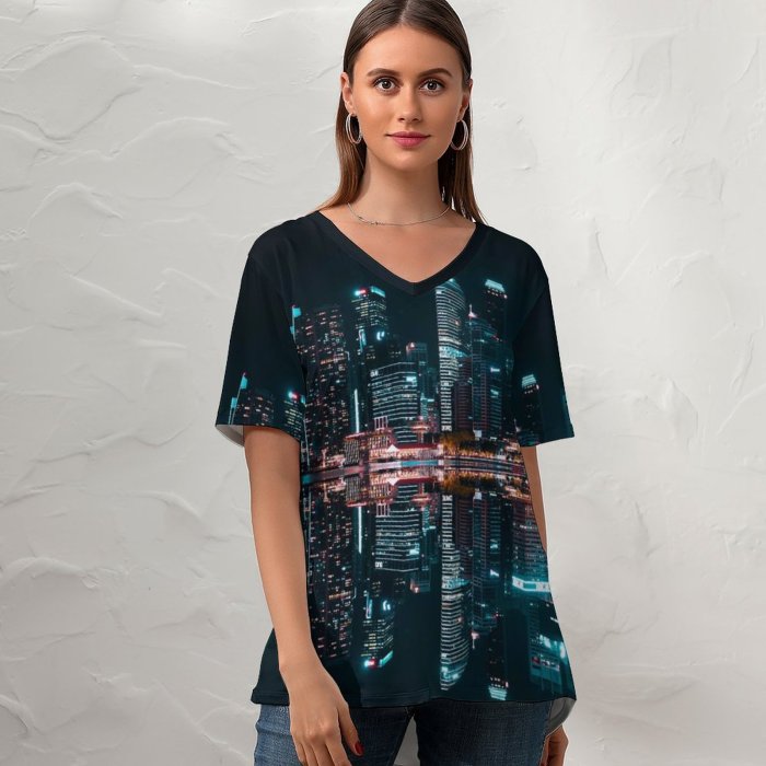 yanfind V Neck T-shirt for Women Pang Yuhao Singapore City Skyscrapers Modern Architecture Night Life City Lights Reflection Summer Top  Short Sleeve Casual Loose