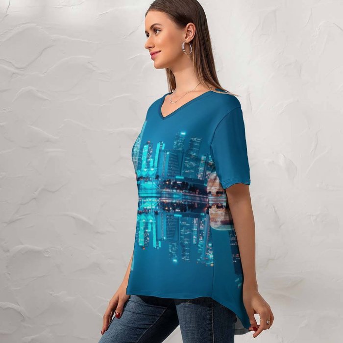 yanfind V Neck T-shirt for Women Pang Yuhao City Singapore Hour Night Life Cityscape Reflection Symmetrical Skyscrapers Sky Summer Top  Short Sleeve Casual Loose