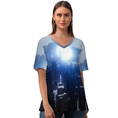 yanfind V Neck T-shirt for Women SciFi Futuristic City Energy Moon Dark Power Summer Top  Short Sleeve Casual Loose