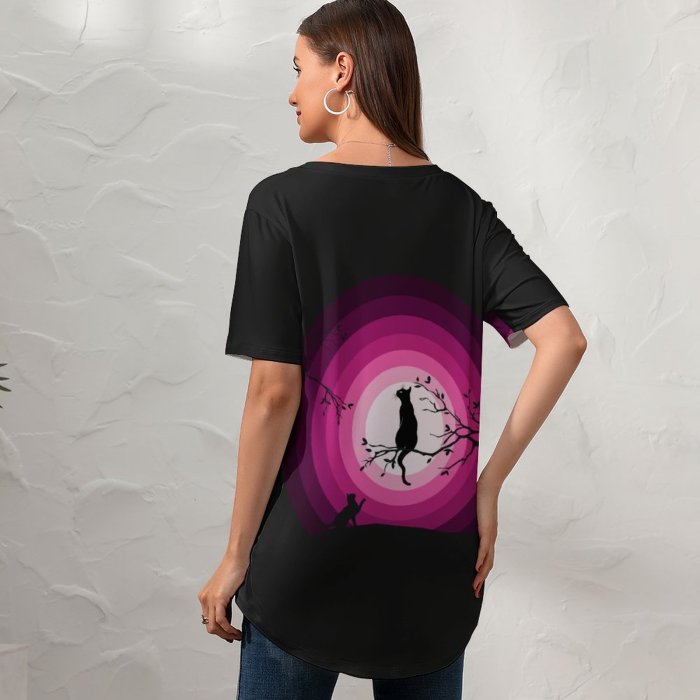 yanfind V Neck T-shirt for Women Suryapraveen Black Dark Minimal Cats Moon Silhouette Summer Top  Short Sleeve Casual Loose