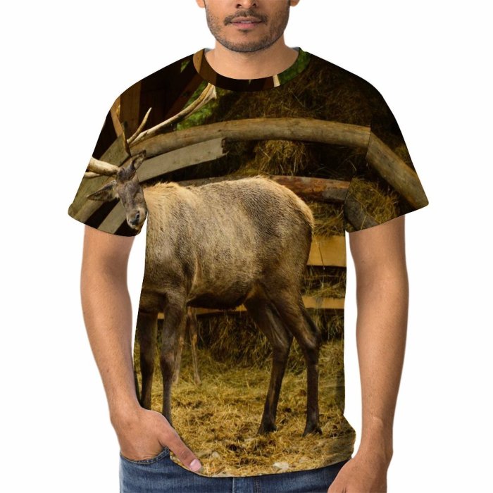 yanfind Adult Full Print T-shirts (men And Women) Wood Field Farm Grass Fall Reindeer Outdoors Bull Cow Moose Wildlife Stag