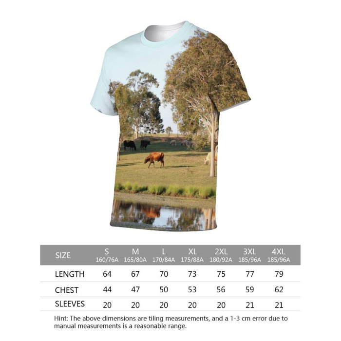 yanfind Adult Full Print T-shirts (men And Women) Landscape Field Summer Countryside Agriculture Farm Grass Tree Outdoors Cow Pool Rural