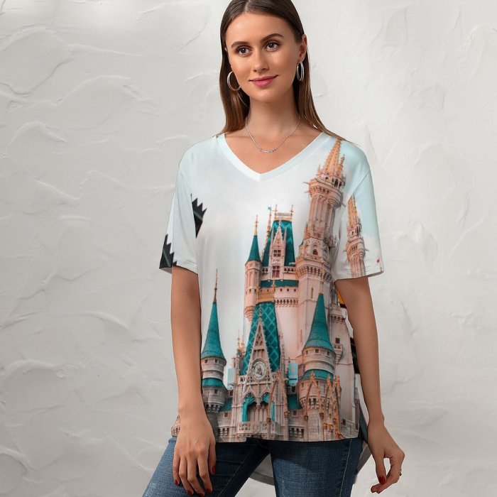 yanfind V Neck T-shirt for Women Castle Building Buena Lake Pole Architecture Outdoors Stock Free Church States Summer Top  Short Sleeve Casual Loose