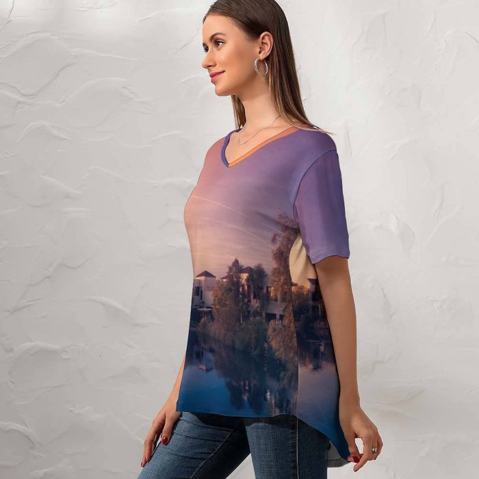 yanfind V Neck T-shirt for Women Sunset Purple Sky Colorful Sky Village Palm Trees Flying Birds Reflection Summer Top  Short Sleeve Casual Loose
