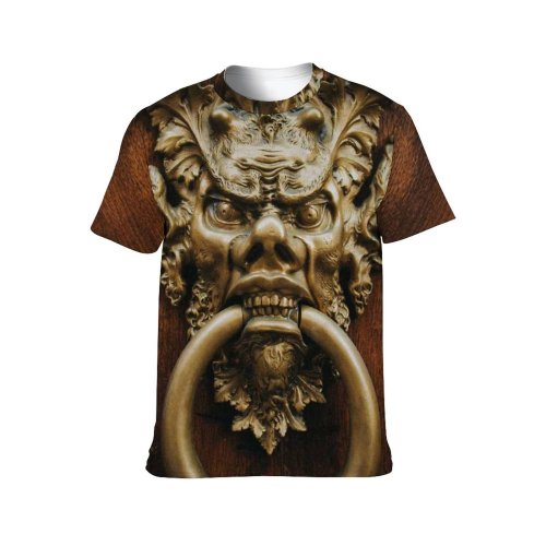 yanfind Adult Full Print T-shirts (men And Women) Wood Art Door Rustic Wooden Decoration Lock Iron Gold Retro Board Bronze