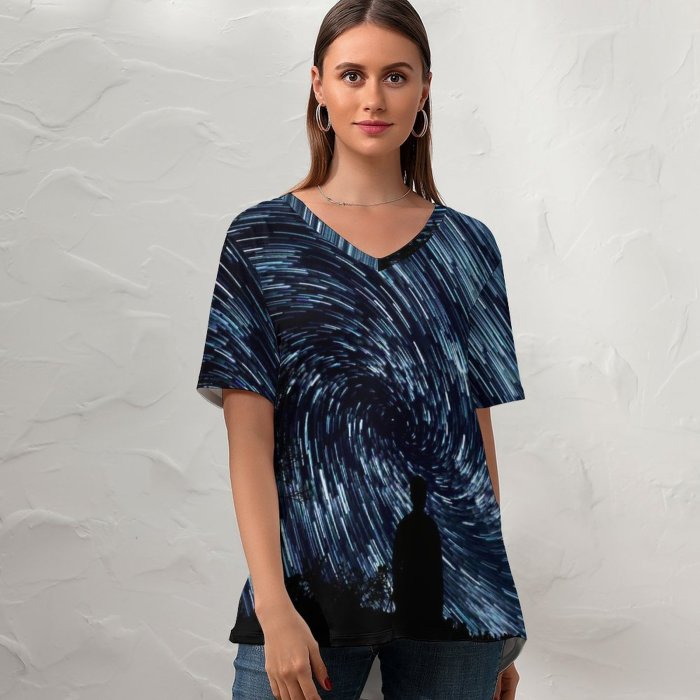 yanfind V Neck T-shirt for Women Space Star Trails Silhouette Exposure Outer Space Night Time Astronomy Summer Top  Short Sleeve Casual Loose