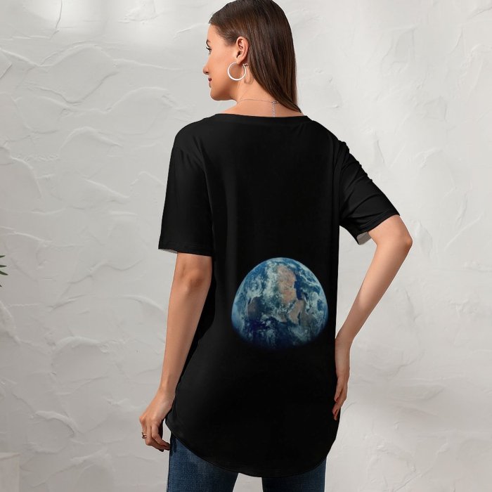 yanfind V Neck T-shirt for Women Raziel Abulafia Space Black Dark Earth Atmosphere Planet Summer Top  Short Sleeve Casual Loose