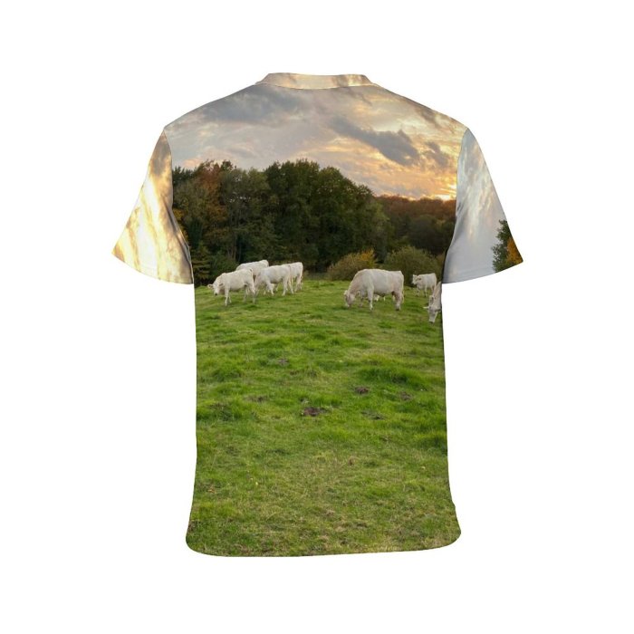 yanfind Adult Full Print T-shirts (men And Women) Landscape Field Summer Countryside Agriculture Farm Grass Outdoors Cow Rural Sheep Farmland