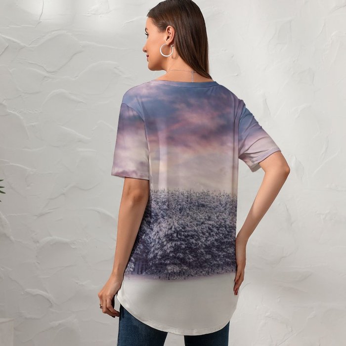 yanfind V Neck T-shirt for Women Snow Covered Trees Winter Snow Landscape Clouds Scenery Forest Summer Top  Short Sleeve Casual Loose