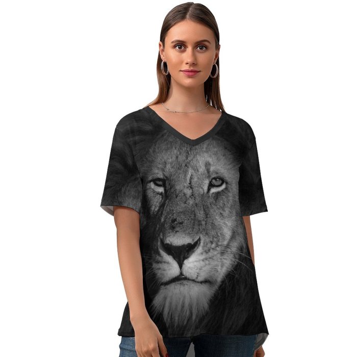 yanfind V Neck T-shirt for Women Maasai Lion Wildlife Wallpapers National Grey Pictures Kenya Mara Free Summer Top  Short Sleeve Casual Loose