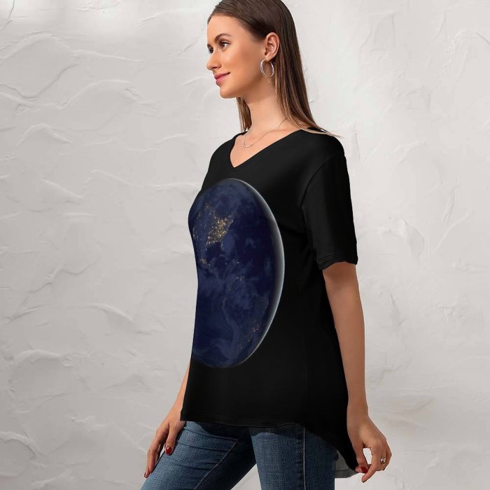 yanfind V Neck T-shirt for Women Space Black Dark Earth Night IOS Summer Top  Short Sleeve Casual Loose