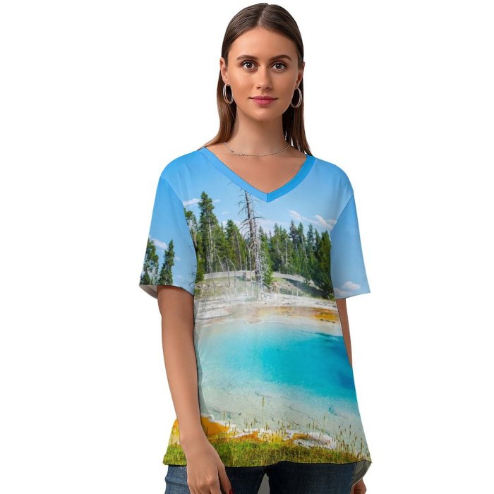 yanfind V Neck T-shirt for Women Youen California Mudpot Yellowstone National Park Tourist Attraction Trees Landscape Sky Summer Top  Short Sleeve Casual Loose