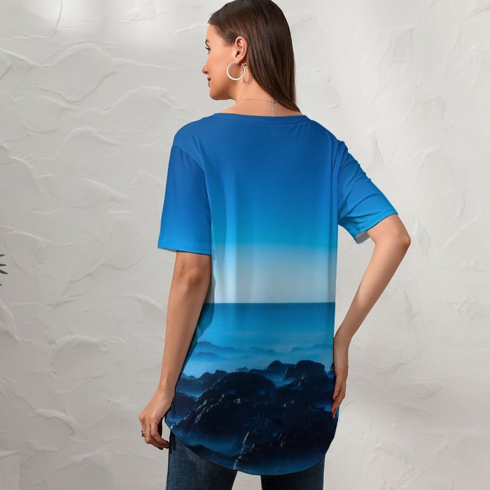 yanfind V Neck T-shirt for Women Seascape Horizon Clear Sky Ocean Rocks Sunrise Dawn Sky Summer Top  Short Sleeve Casual Loose