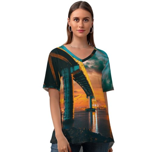yanfind V Neck T-shirt for Women Sergio Osmeña Bridge Philippines Mactan–Mandaue Bridge Sunset City Lights Dusk Reflection Cloudy Summer Top  Short Sleeve Casual Loose