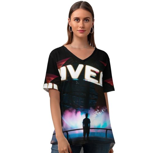yanfind V Neck T-shirt for Women Universal Night Mist Word Globe Singapore Outdoors Fountain Urban Stock Free Summer Top  Short Sleeve Casual Loose