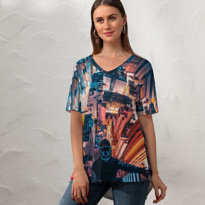 yanfind V Neck T-shirt for Women Simon Zhu Hong Kong City Neon Rooftop Cityscape Nightscape Persons City Lights Summer Top  Short Sleeve Casual Loose