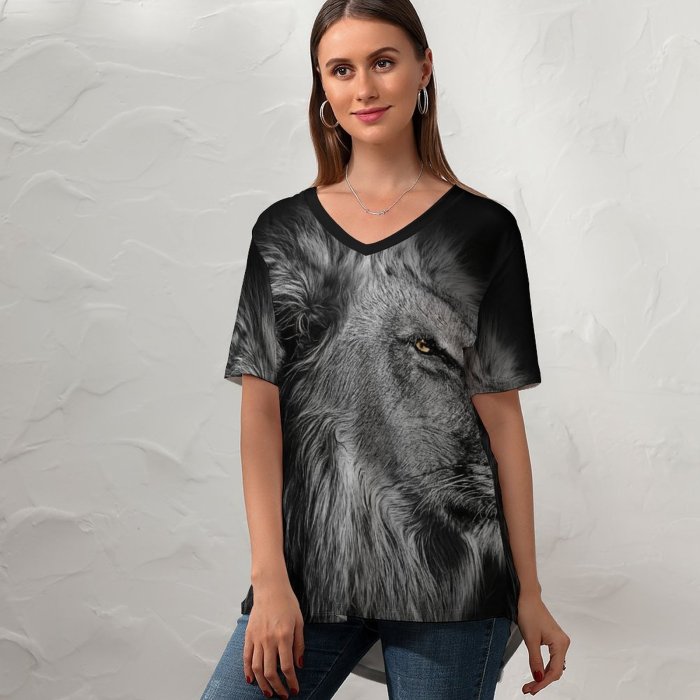 yanfind V Neck T-shirt for Women Randy Rodriguez Black Dark Lion Summer Top  Short Sleeve Casual Loose