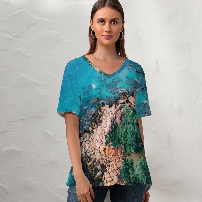 yanfind V Neck T-shirt for Women Pok Rie Seashore Coastline Rocks Trees Ocean Aerial Birds Eye Scenery Landscape Summer Top  Short Sleeve Casual Loose