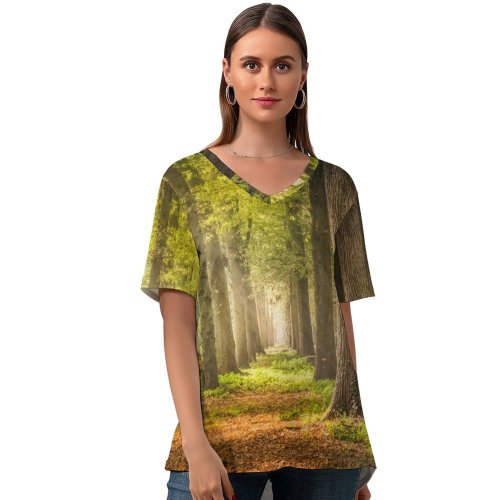 yanfind V Neck T-shirt for Women Skitterphoto Woodland Forest Trees Road Fallen Leaves Greenery Woods Sunshine Pathway Scenery Summer Top  Short Sleeve Casual Loose